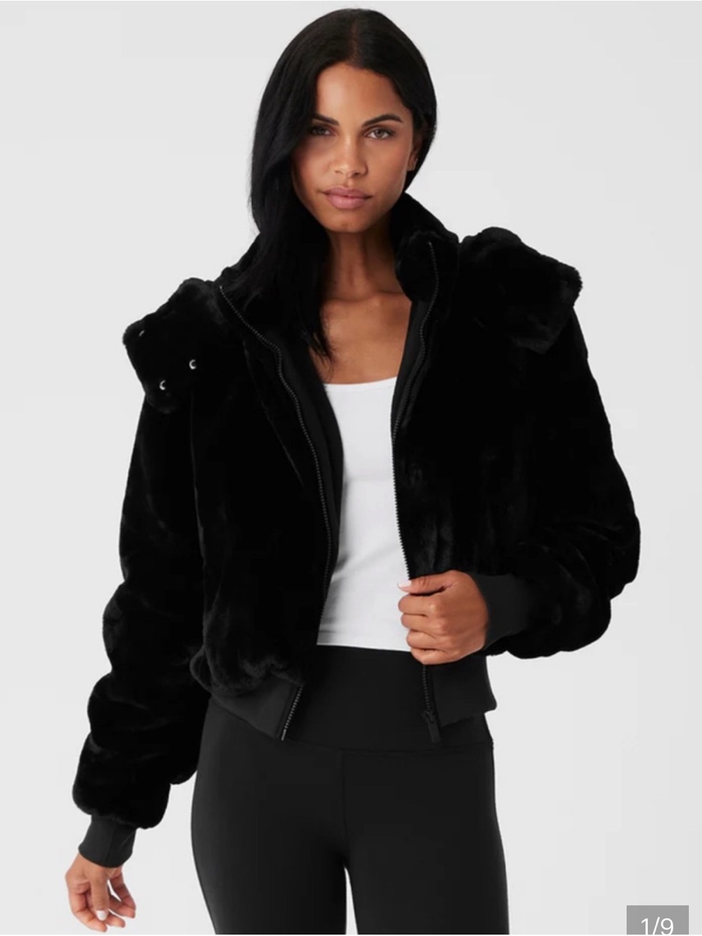 ALO Yoga Fox Fur Foxy Black Hooded Bomber Jacket